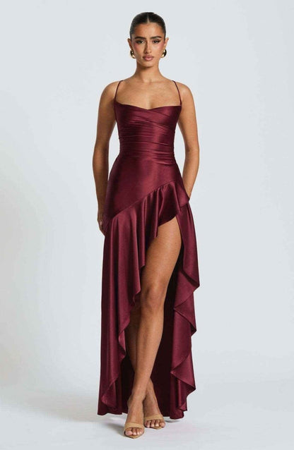 Rowena | Maxi Party Dress Navy Blue Satin Ruffle High-Slit for Women