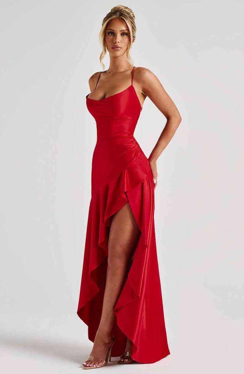 Rowena | Maxi Party Dress Navy Blue Satin Ruffle High-Slit for Women