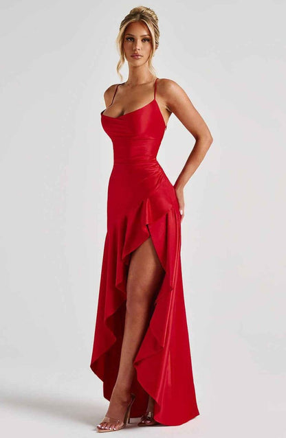 Rowena | Maxi Party Dress Navy Blue Satin Ruffle High-Slit for Women
