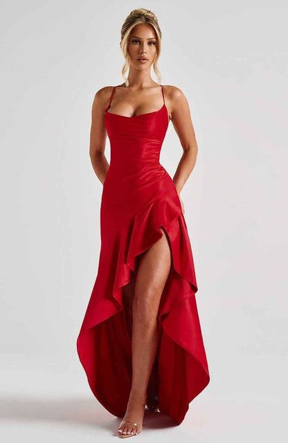 Rowena | Maxi Party Dress Navy Blue Satin Ruffle High-Slit for Women
