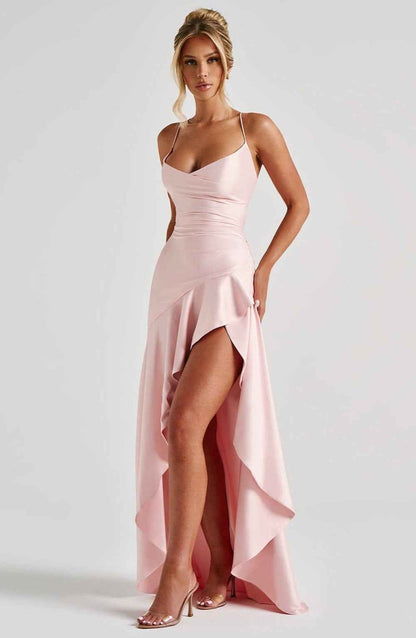 Rowena | Maxi Party Dress Navy Blue Satin Ruffle High-Slit for Women