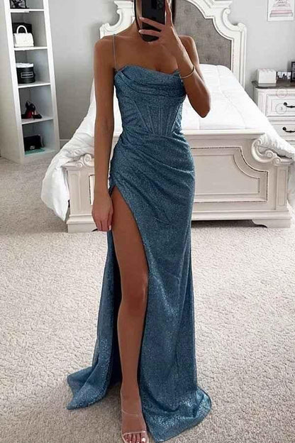 Delia | Maxi Evening Dress Silver Sequin Corset Slit for Women