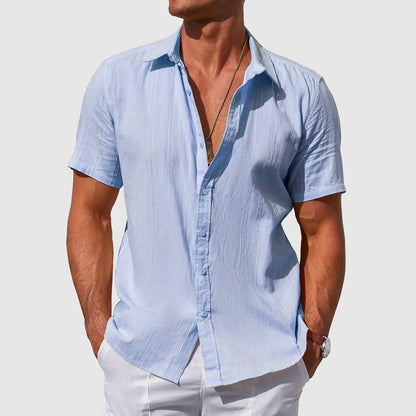 George | Shirt Sky Blue Linen Short Sleeve Button-Front for Men