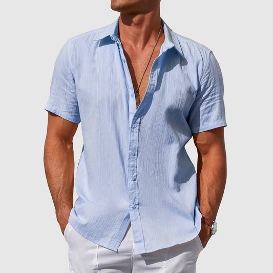 George | Shirt Sky Blue Linen Short Sleeve Button-Front for Men