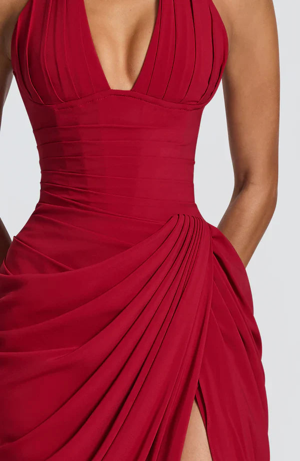 Elspeth | Maxi Halter Dress Deep Red Ruched Draped for Women