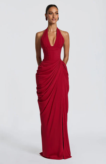 Elspeth | Maxi Halter Dress Deep Red Ruched Draped for Women