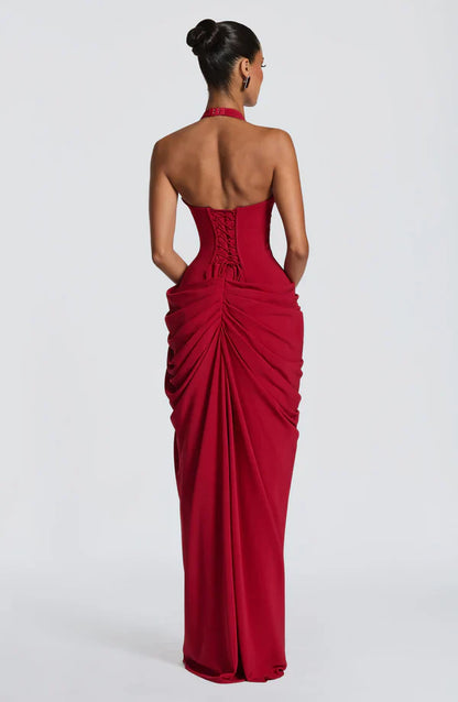 Elspeth | Maxi Halter Dress Deep Red Ruched Draped for Women