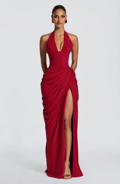 Elspeth | Maxi Halter Dress Deep Red Ruched Draped for Women