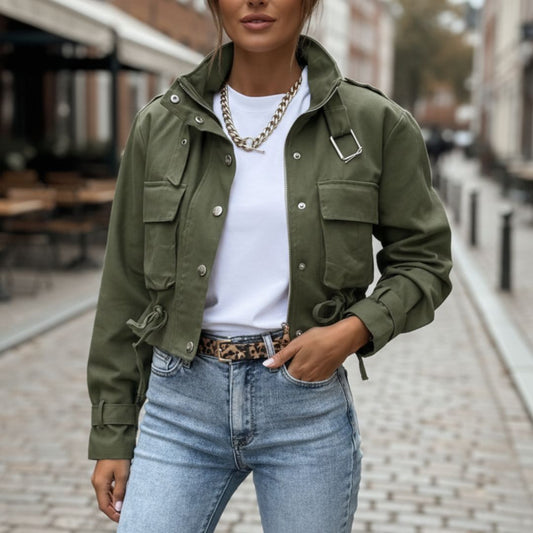 Scarlett | Cropped Utility Jacket Khaki Green Structured Multi-Pocket for Women