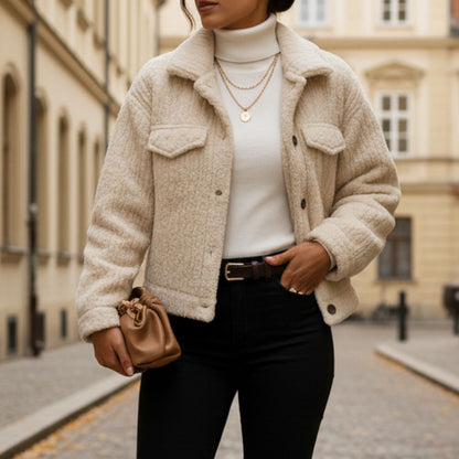 Mabel | Cropped Teddy Jacket Oatmeal Fleece Button-Front for Women