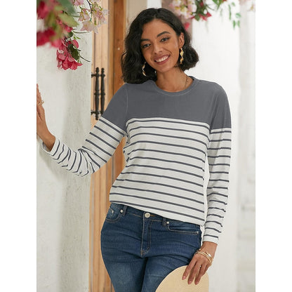 Thomasina | Long Sleeve Top Navy White Striped Crew Neck for Women
