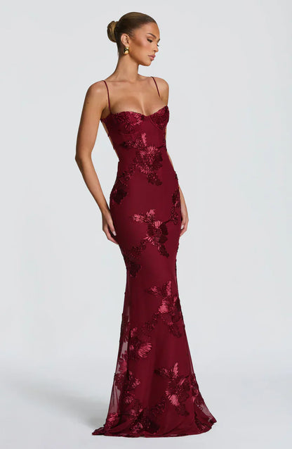 Honoria | Maxi Formal Dress Butter Yellow Floral Appliqué Corset for Women