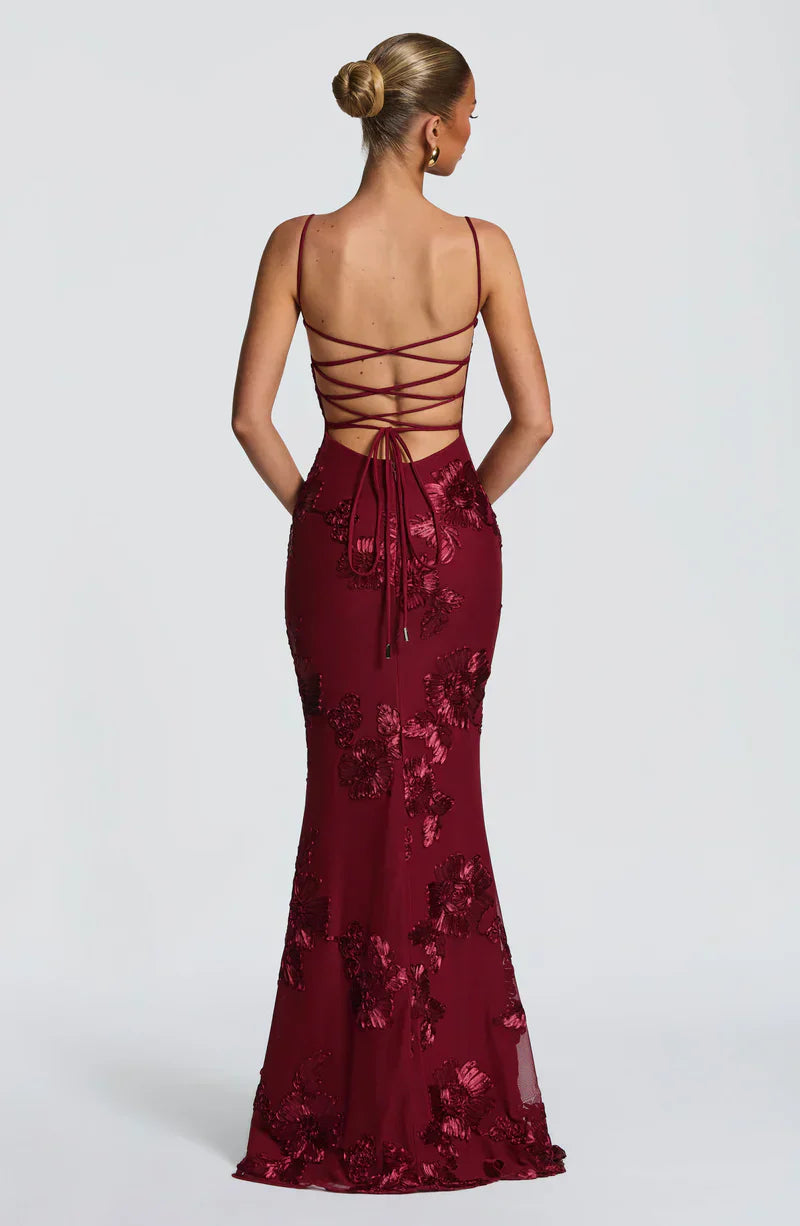 Honoria | Maxi Formal Dress Butter Yellow Floral Appliqué Corset for Women
