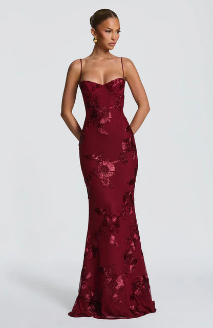 Honoria | Maxi Formal Dress Butter Yellow Floral Appliqué Corset for Women