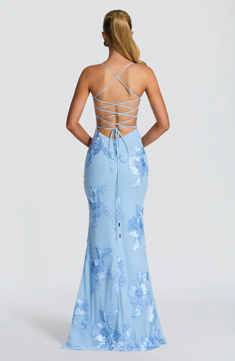 Honoria | Maxi Formal Dress Butter Yellow Floral Appliqué Corset for Women