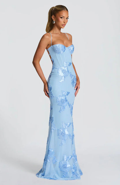 Honoria | Maxi Formal Dress Butter Yellow Floral Appliqué Corset for Women