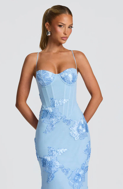 Honoria | Maxi Formal Dress Butter Yellow Floral Appliqué Corset for Women