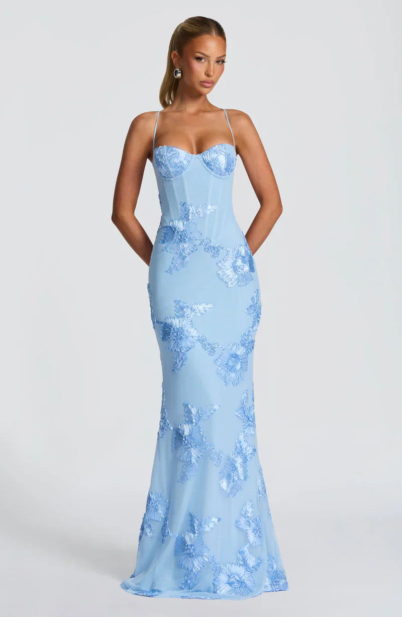 Honoria | Maxi Formal Dress Butter Yellow Floral Appliqué Corset for Women