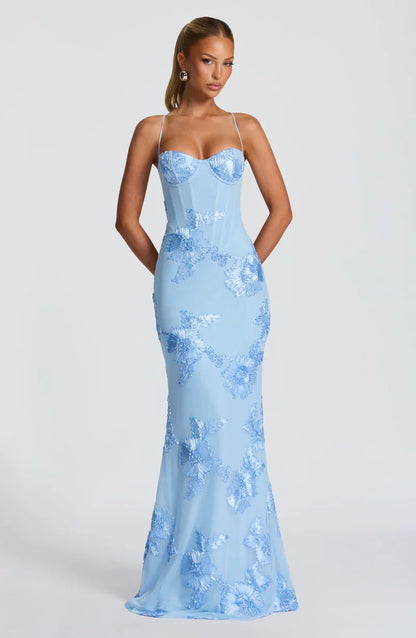 Honoria | Maxi Formal Dress Butter Yellow Floral Appliqué Corset for Women