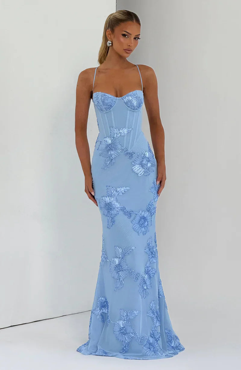 Honoria | Maxi Formal Dress Butter Yellow Floral Appliqué Corset for Women