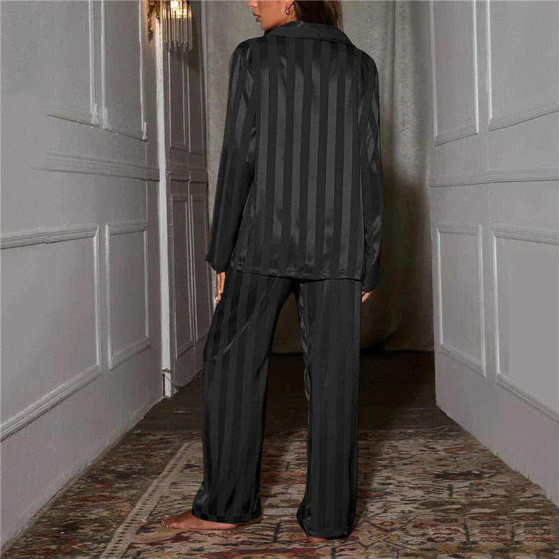 Phoebe | Satin Pyjama Set Champagne Striped Long Sleeve for Women