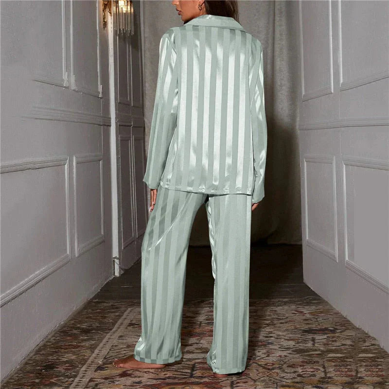 Phoebe | Satin Pyjama Set Champagne Striped Long Sleeve for Women