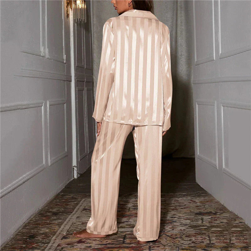 Phoebe | Satin Pyjama Set Champagne Striped Long Sleeve for Women
