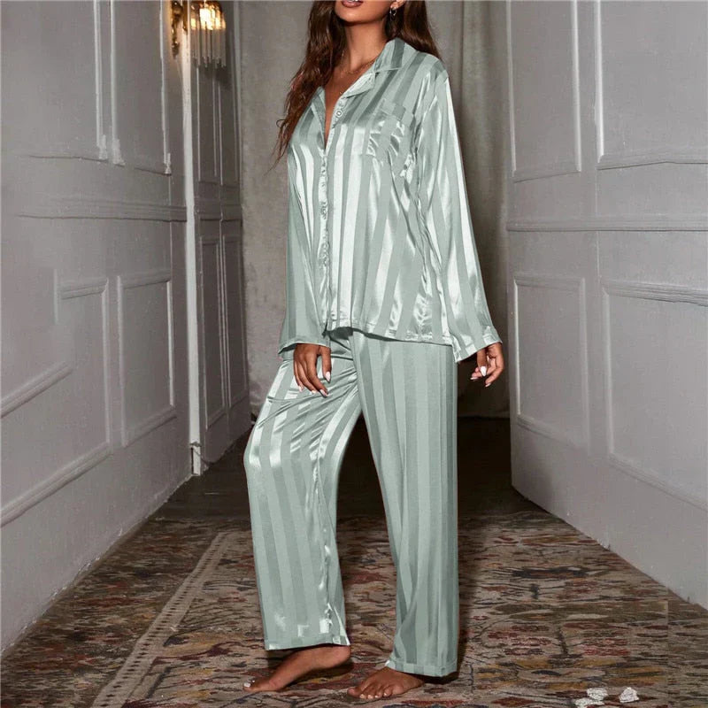 Phoebe | Satin Pyjama Set Champagne Striped Long Sleeve for Women