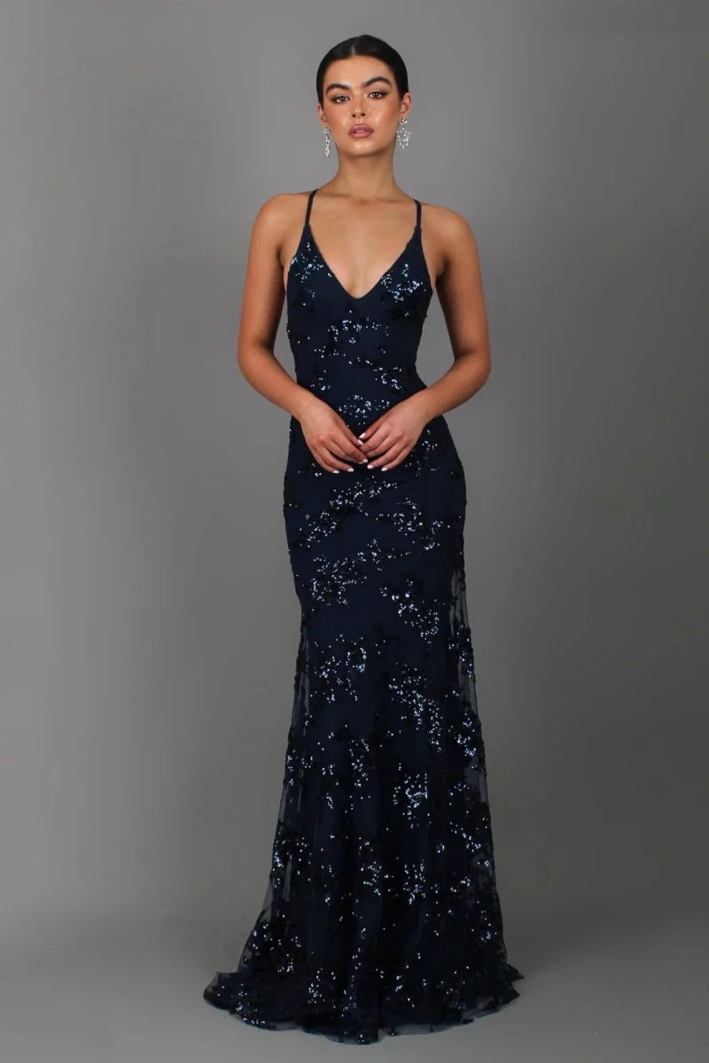 Anwen | Maxi Evening Dress Navy Blue Sequin Spaghetti Strap V-Neck for Women