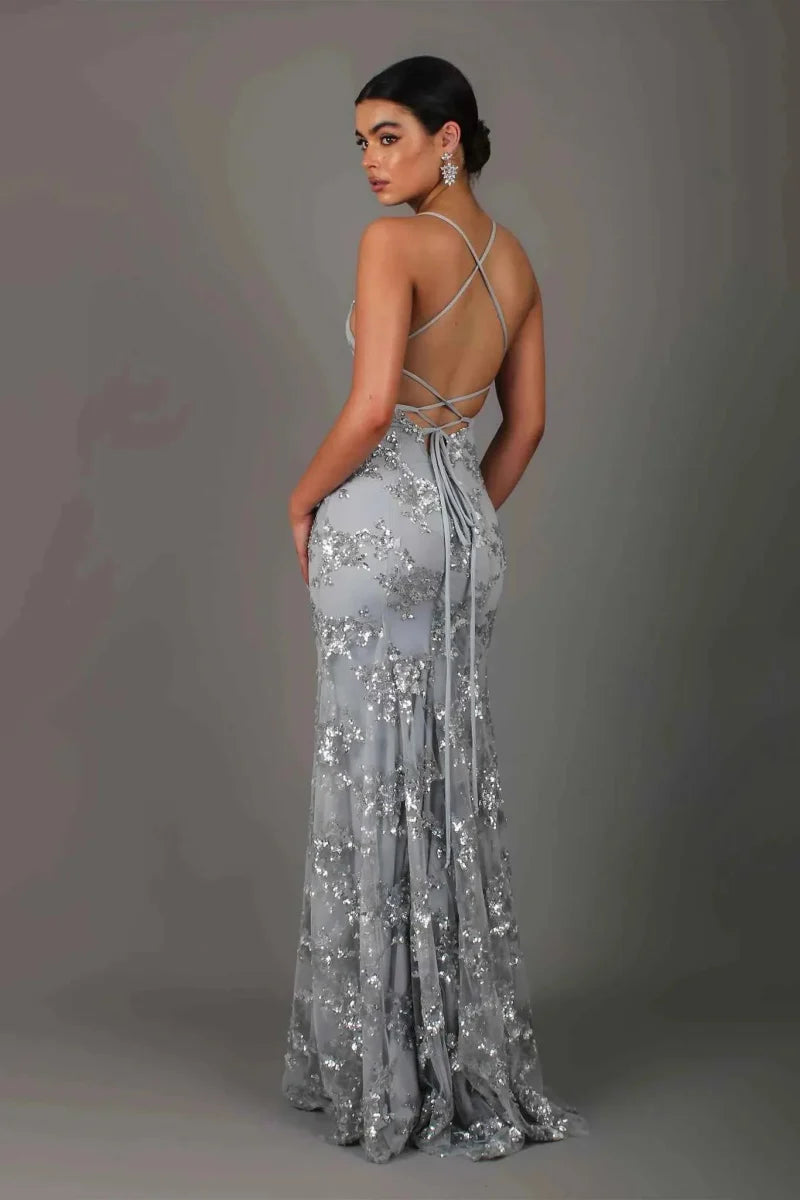 Anwen | Maxi Evening Dress Navy Blue Sequin Spaghetti Strap V-Neck for Women