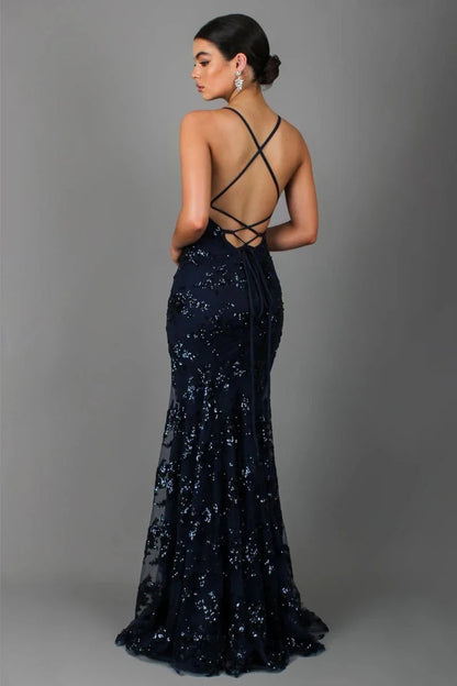 Anwen | Maxi Evening Dress Navy Blue Sequin Spaghetti Strap V-Neck for Women