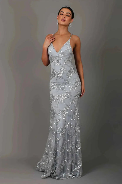 Anwen | Maxi Evening Dress Navy Blue Sequin Spaghetti Strap V-Neck for Women