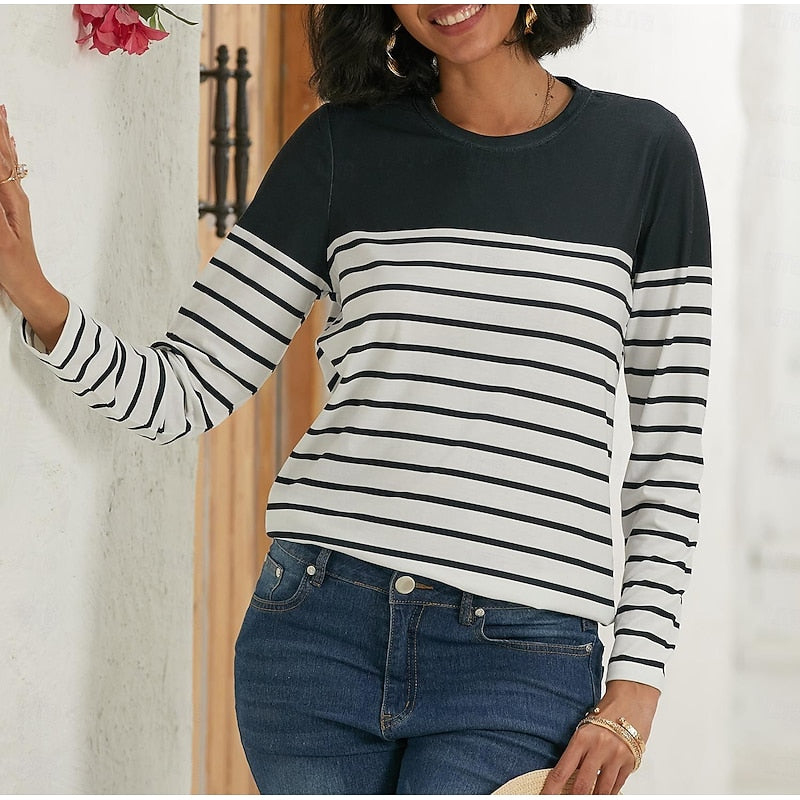 Thomasina | Long Sleeve Top Navy White Striped Crew Neck for Women