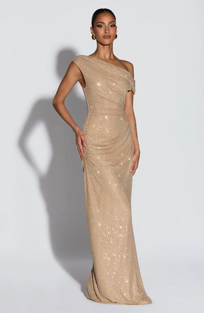 Jessamine | Maxi Evening Dress Gold Sequin One-Shoulder for Women