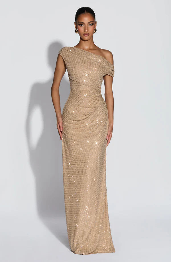 Jessamine | Maxi Evening Dress Gold Sequin One-Shoulder for Women