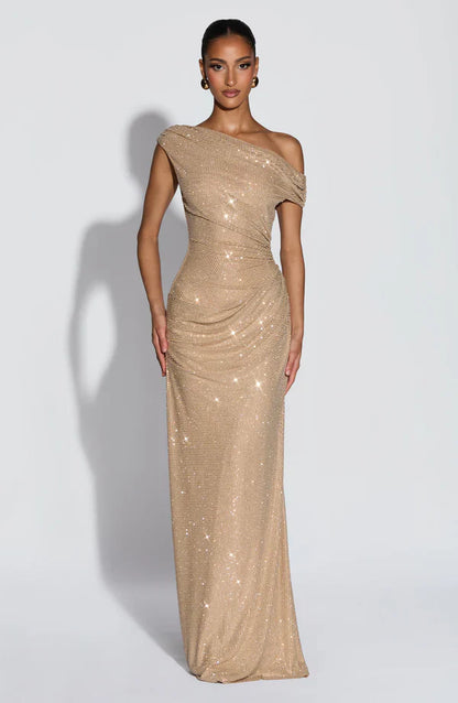 Jessamine | Maxi Evening Dress Gold Sequin One-Shoulder for Women