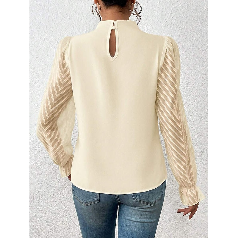 Una | Blouse Black Chiffon Lace-Sleeve High-Neck for Women