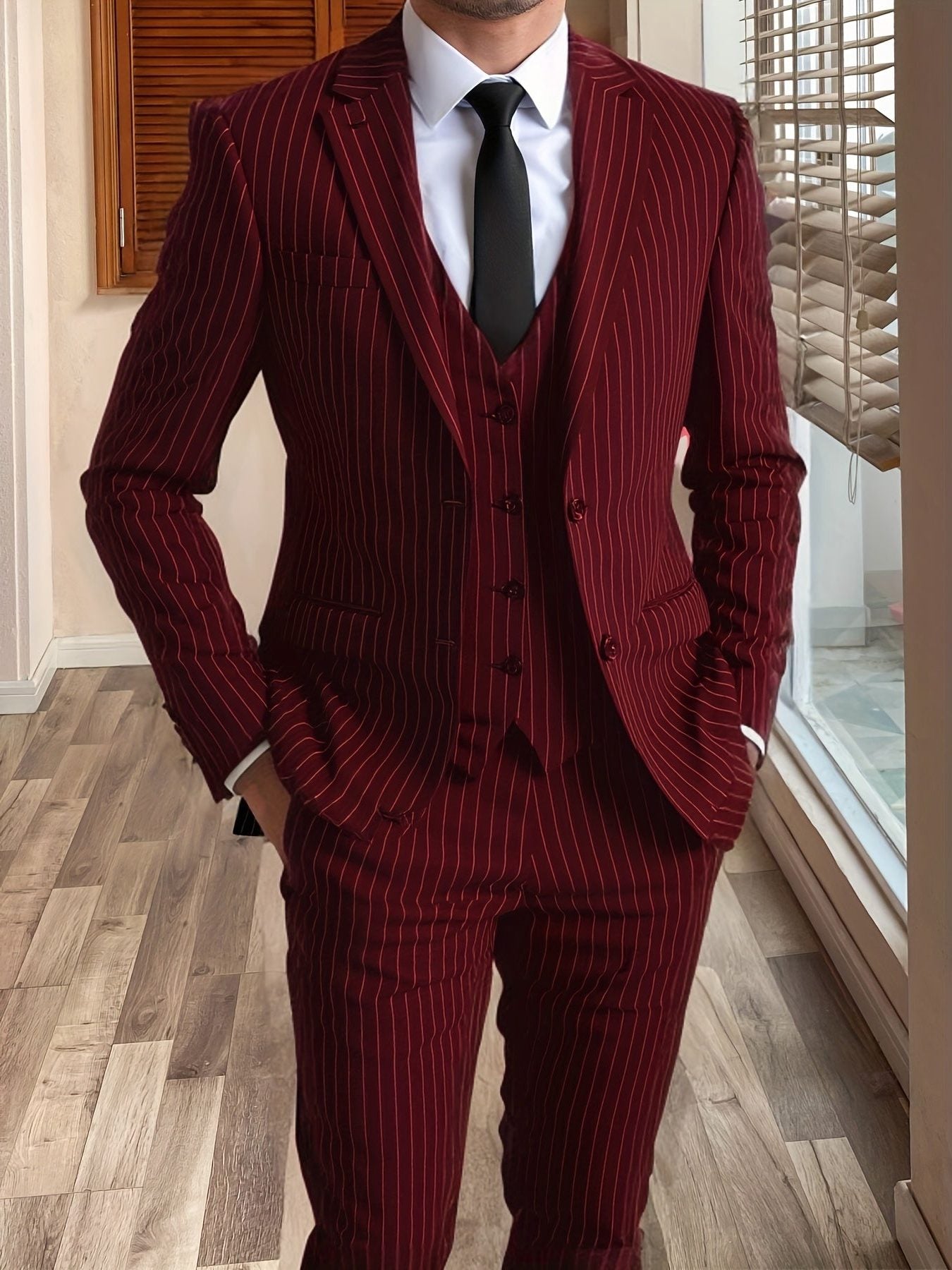 Stirling | Suit Burgundy Pinstripe Three-Piece Tailored Fit for Men