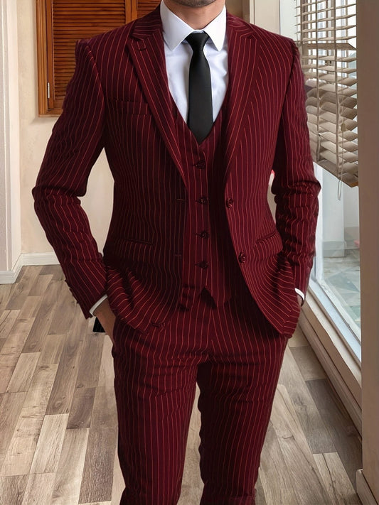 Stirling | Suit Burgundy Pinstripe Three-Piece Tailored Fit for Men