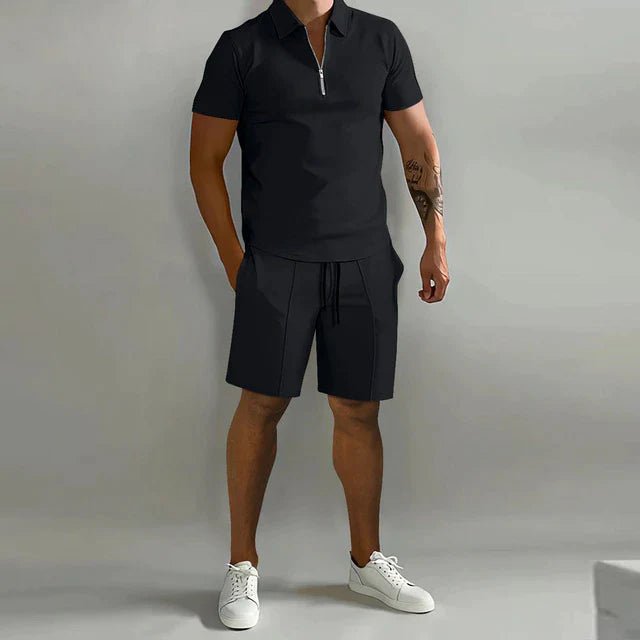 George | Polo Shorts Set Black Short Sleeve Zip for Men