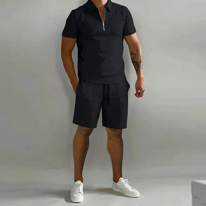 George | Polo Shorts Set Black Short Sleeve Zip for Men