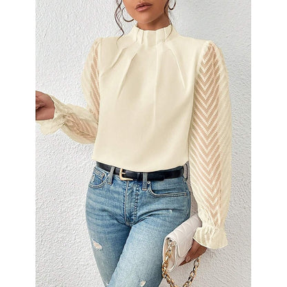 Una | Blouse Black Chiffon Lace-Sleeve High-Neck for Women