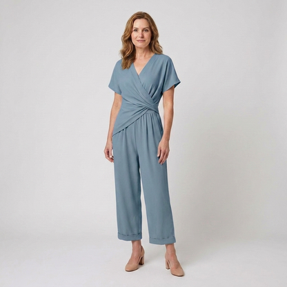 Harriet | Wrap Jumpsuit Stone Polyester Wide-Leg Short Sleeve for Women