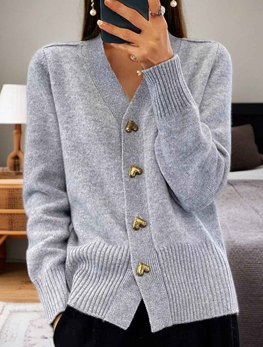 Maisie | Cardigan Grey Knit V-Neck Gold Heart Buttons for Women