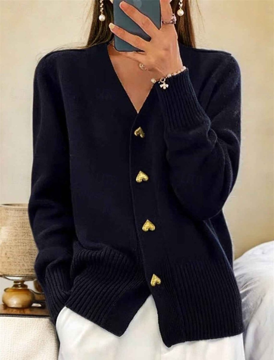 Maisie | Cardigan Grey Knit V-Neck Gold Heart Buttons for Women