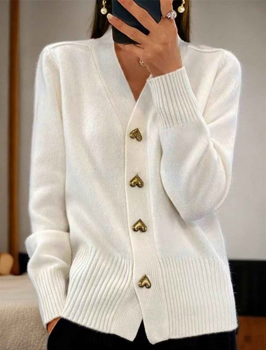 Maisie | Cardigan Grey Knit V-Neck Gold Heart Buttons for Women