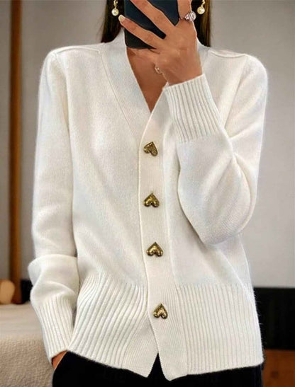 Maisie | Cardigan Grey Knit V-Neck Gold Heart Buttons for Women