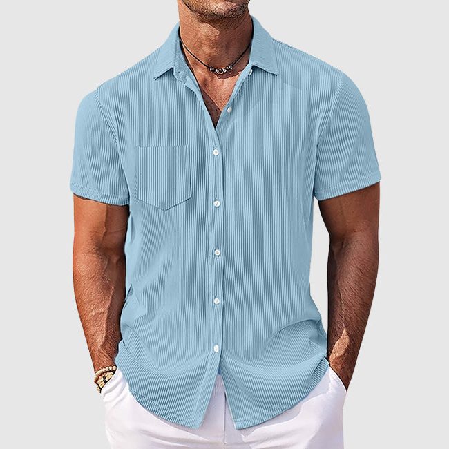 Edmund | Shirt Sky Blue Ribbed Short Sleeve Button-Front for Men