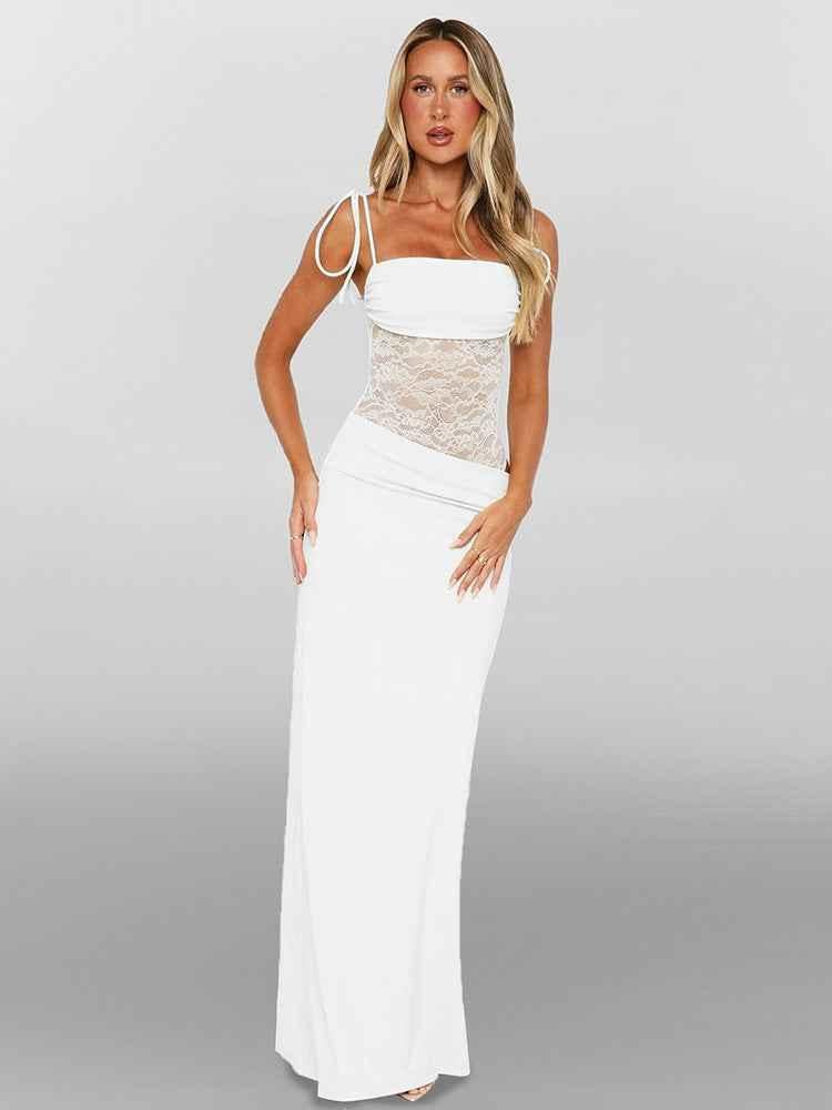 Roselyn | Maxi Party Dress Burgundy Lace Corset Tie-Strap for Women