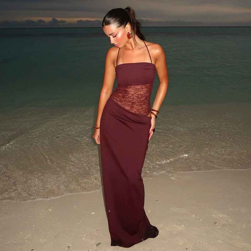 Roselyn | Maxi Party Dress Burgundy Lace Corset Tie-Strap for Women